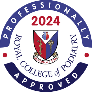 Seal reading Royal College of Podiatry professionally approved 2024 featuring the College's coat of arms