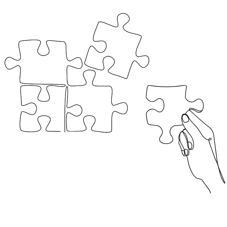 Single line drawing of jigsaw puzzle pieces with a hand holding a single piece to illustrate the joined up services at The Lomond Clinic