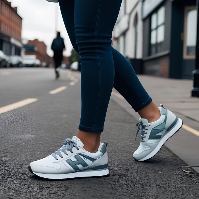 generated image of legs and feet wearing trainers crossing a street