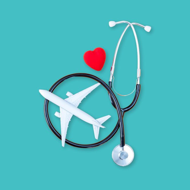 Graphic showing stethoscope, aeropace and red heart on a teal background