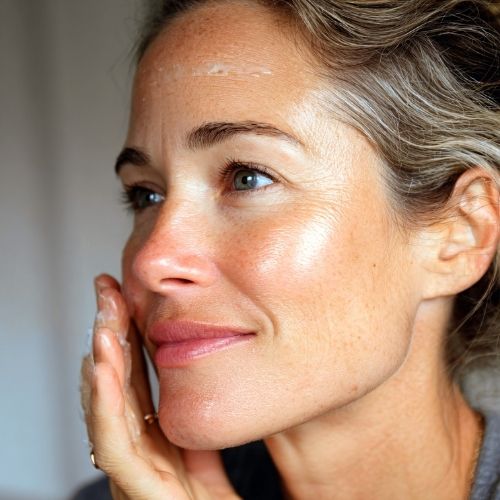 Woman applying product to her face looking happy and confident in her own skin