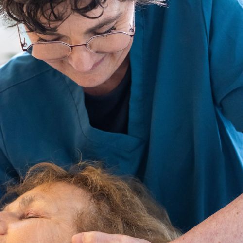 Therapist Jill du Toit pictured with a massage therapy client at The Lomond Clinic, Helensburgh